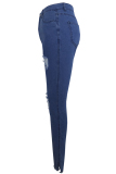 Blue Denim Zipper Fly Sleeveless Mid Hole Patchwork Beading Solid Old pencil Pants Pants