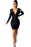 Black Celebrities Cap Sleeve Long Sleeves V Neck Lantern skirt Knee-Length Solid Patchwork tasse