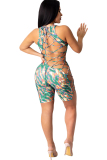 Grey Sexy Hollow Asymmetrical Camouflage Backless Print Chemical fiber blend Sleeveless O Neck Rompers