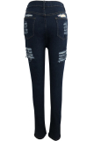 Blue Denim Zipper Fly Button Fly High Hole Zippered Pocket washing pencil Pants Pants