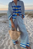 Yellow Graphics Print Turndown Collar Long Sleeve Buttons Blouse And Wide Leg Pants Vacation Casual Two Pieces Trouser Sets