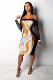 multicolor adult Fashion Sexy Off The Shoulder Long Sleeves One word collar Step Skirt Knee-Length Pr
