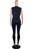 Navy Blue Casual Fashion Active Sexy Solid Patchwork pencil Two-piece Pants Set