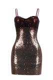 Gold adult Fashion Sexy Spaghetti Strap Sleeveless Slip Step Skirt skirt Sequin Solid Club Dre