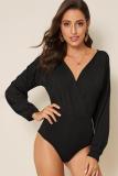 Black Fashion Sexy Solid Milk. Long Sleeve V Neck 