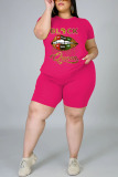 Red Fashion Casual adult Ma'am O Neck Print Two Piece Suits Pattern Plus Size