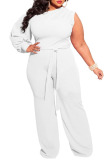 Red Sexy Solid Patchwork Oblique Collar Plus Size Jumpsuits