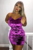 purple Fashion adult Sexy Spaghetti Strap Sleeveless V Neck Step Skirt Mini hollow out Solid Patc
