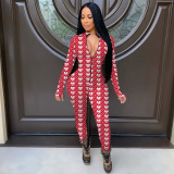 Cream White Casual Print Patchwork Zipper Collar Skinny Jumpsuits