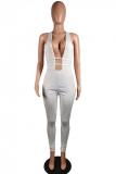 White Sexy Fashion Striped Solid Asymmetrical Sleeveless V Neck 