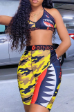 colour adult Sexy Fashion Print Patchwork Two Piece Suits Straight Sleeveless