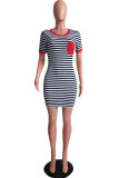 Yellow Sexy Fashion Cap Sleeve Short Sleeves O neck Step Skirt skirt Patchwork Pocket Print Strip
