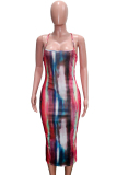 rose red Fashion Sexy adult Spaghetti Strap Sleeveless Slip Step Skirt Mid-Calf Print backless holl