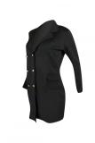 Black Fashion adult Casual Cap Sleeve Long Sleeves Notched Step Skirt Mini fastener Pocket Patch