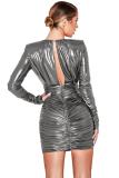 Silver adult Sexy Fashion Cap Sleeve Long Sleeves V Neck Step Skirt Mini Draped chain Fluorescent