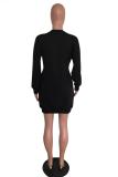 Army Green adult Casual Fashion Cap Sleeve Long Sleeves V Neck Lantern skirt Knee-Length Patchwork Embro