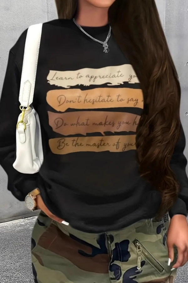 Black Casual Letter Print O Neck Long Sleeve Fall Winter Sweatshirt Tops
