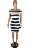 Black Sexy Fashion Off The Shoulder Sleeveless One word collar Sheath Mini Striped asymmetrical