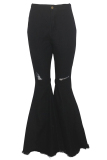 Black Denim Button Fly Sleeveless High Solid Patchwork Hole Boot Cut Pants 