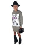 Khaki Casual Fashion adult Cap Sleeve Long Sleeves O neck Step Skirt Mini Print Long Sleeve Dre