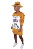 Khaki Casual Fashion adult Cap Sleeve Long Sleeves O neck Step Skirt Mini Print Long Sleeve Dre