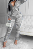 rose red Casual Print Tie-dyed Blend Long Sleeve V Neck Jumpsuits