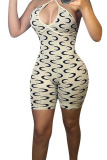 Beige Sexy Print Patchwork Backless Halter Skinny Rompers