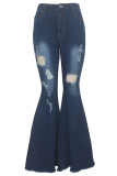 Dark Blue Denim Button Fly Sleeveless High Hole Solid washing Patchwork Boot Cut Pants 