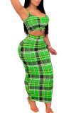Blue Sexy Plaid Print Patchwork Spaghetti Strap Sleeveless Two Pieces