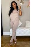 Grey Fashion adult Active ruffle Solid Two Piece Suits Patchwork pencil Short Sleeve