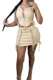 Camel Sexy Solid Bandage Hollowed Out Patchwork Asymmetrical Hooded Collar Sleeveless Two Pieces