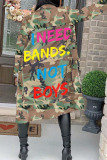 Green Turndown Collar Letter Print Camouflage Patchwork Print Long Sleeve Coats & Cardigan