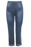 Blue Denim Zipper Fly Sleeveless Mid Hole Solid washing Patchwork Straight Pants Pants