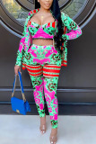 Red Fashion Sexy Adult Milk Fiber Patchwork Print Patchwork Turndown Collar Long Sleeve Regular Sleeve Regular Two Pieces