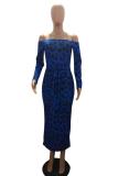 Blue Fashion adult Sexy Cap Sleeve Long Sleeves One word collar Step Skirt Mid-Calf bandage Leo