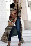 Dark Grey African Figure Print High Slit Turtleneck Long Sleeve Long Casual Maxi Dresses