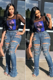 Blue Denim Button Fly Sleeveless High Hole Solid Patchwork Boot Cut Pants Pants