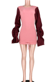 Red Casual Bubble sleeves Long Sleeves O neck Hip skirt skirt ruffle Solid hollow out Patchwor