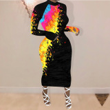 Sky blue and yellow and Rose-carmine Street O Neck Print scrawl Pattern Plus Size