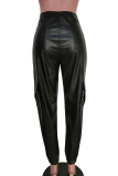 Black PU Zipper Fly Mid Zippered Solid Straight Pants Pants