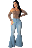 Blue Denim Button Fly Zipper Fly High Zippered Solid washing Pocket Boot Cut Pants Pants