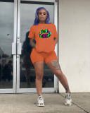 Black Fashion Casual Active Letter Lips Print Short Sleeve Two Pieces