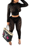 Orange Sexy Solid Hollowed Out Patchwork O Neck Long Sleeve Two Pieces