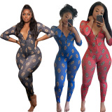 Red Living Print V Neck Skinny Jumpsuits