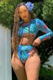 Blue Fashion Active crop top Print Two Piece Suits Slim fit Floral Skinny Long Sleeve Two-Piec