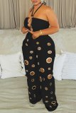 White Casual Sleeveless Cutout Design Halter Strapless Crop Top and Ripped Pants Summer Outings Two Pieces Trouser Sets