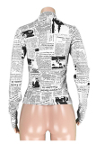 White Mandarin Collar Long Sleeve Print Newspaper Letter Tees & T-shirts