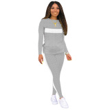 Grey Fashion Sexy Adult Striped Patchwork Patchwork O Neck Long Sleeve Regular Sleeve Regular Two Pieces