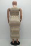 Stripe Sexy Fashion Spaghetti Strap Sleeveless Slip Sheath Ankle-Length bandage Striped asymmetri