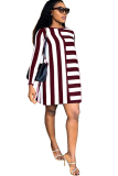 White Acetyl fiber Sweet Cap Sleeve Long Sleeves O neck Swagger Knee-Length Print Striped Patchwork 
